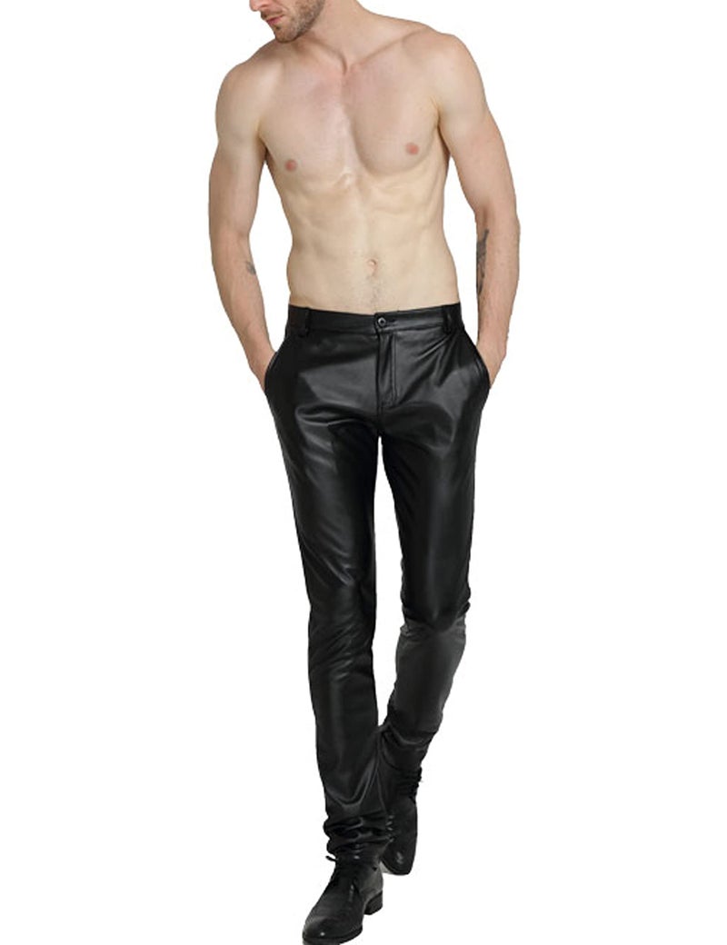 Yeokou Men's Skinny Straight Leg Tapered Pu Faux Leather Motorcycle Biker Pants (30, Black) - Image 2